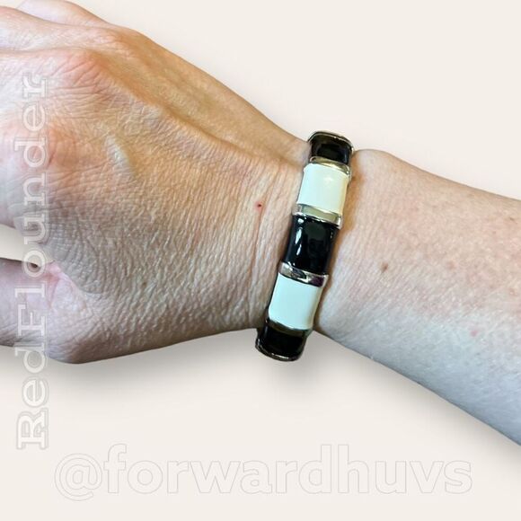 Bundle Sale 3 for $15 | Silver Tone Metal Black & Cream Enamel Hinge Bracelet - Picture 1 of 8
